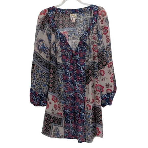 Fig & Flower Patchwork Floral Shirt Womens Size 2X Blue Sheer Boho Lightweight - Picture 1 of 13